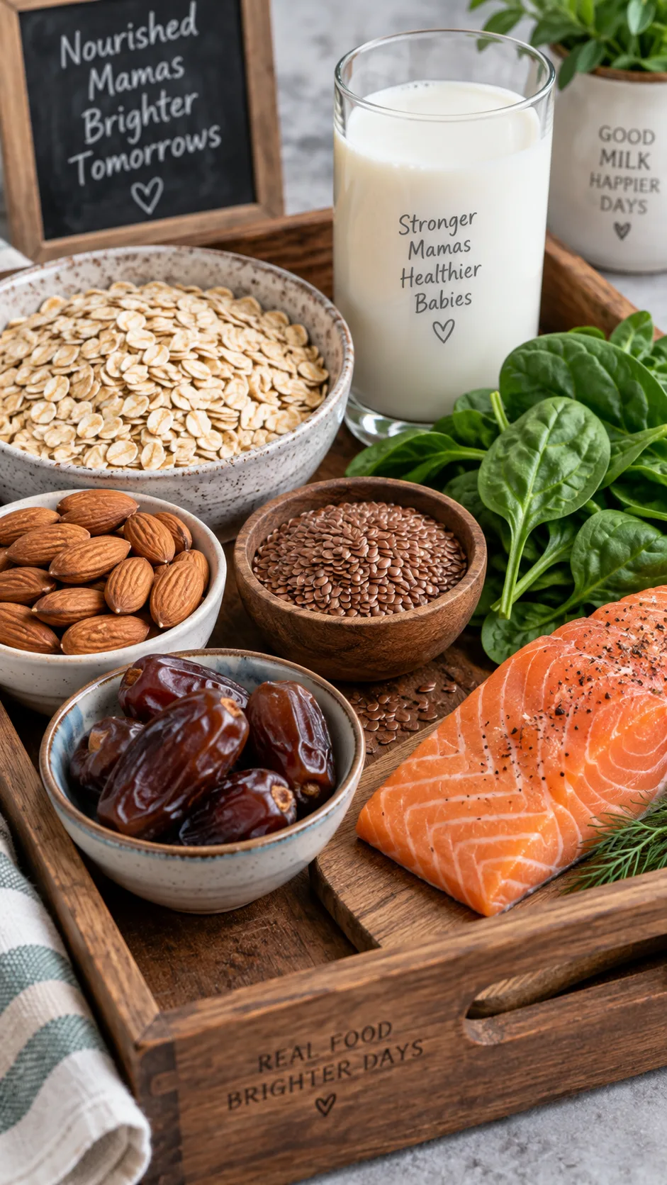The Breastfeeding Diet That Actually Boosts Milk Supply (and Keeps You Energized) 2 Close-up photograph of a wooden tray filled with lactation-supporting foods: rolled oats in a bowl, almonds, flaxseeds, dates, a glass of milk, fresh spinach leaves and salmon fillet, arranged neatly, soft diffused studio lighting
