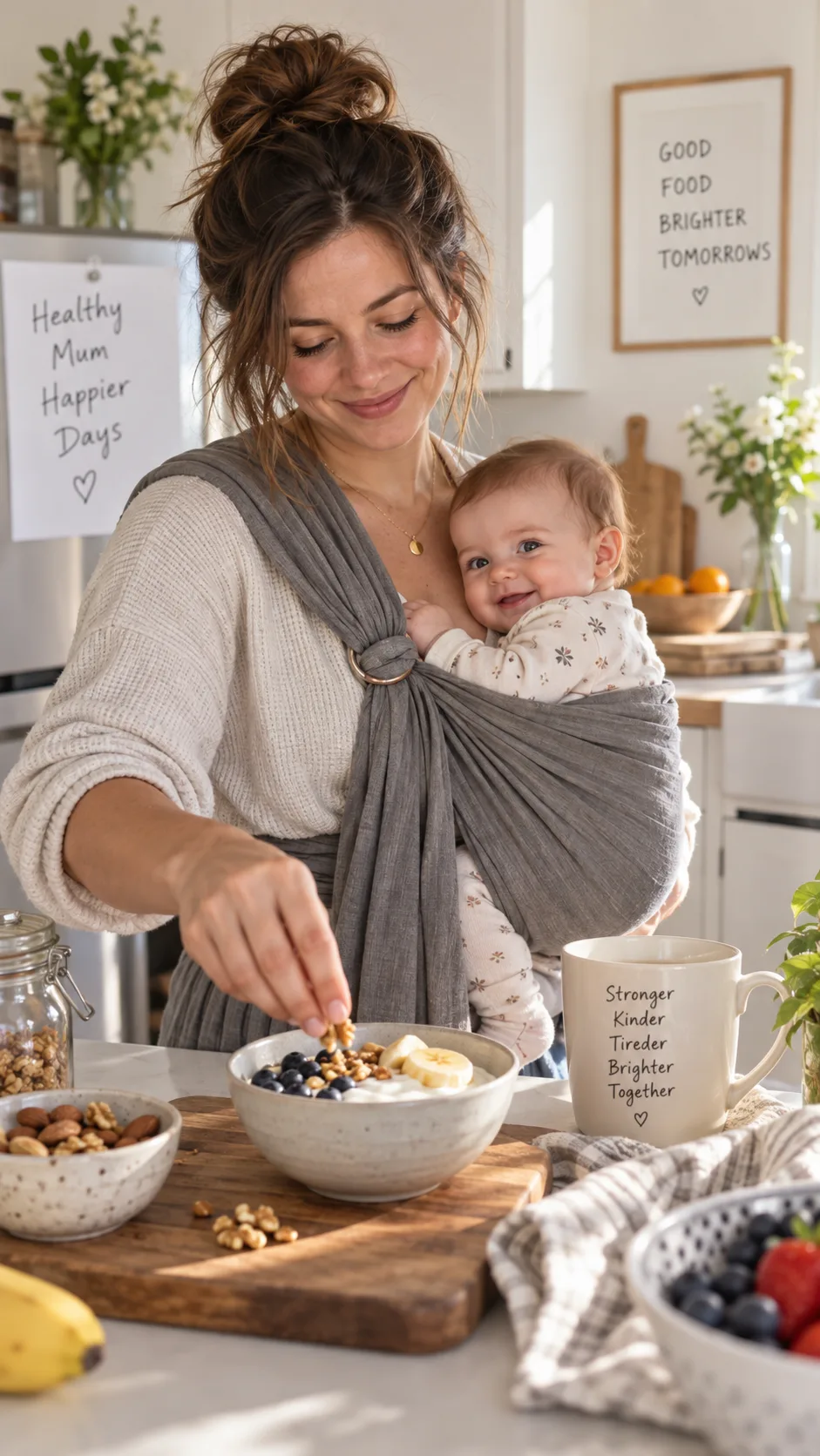 The Breastfeeding Diet That Actually Boosts Milk Supply (and Keeps You Energized) 3 Tired but smiling new mother in a bright kitchen preparing a quick healthy snack of yogurt and nuts with one hand while holding a baby in a sling, natural candid lifestyle photography, warm tones