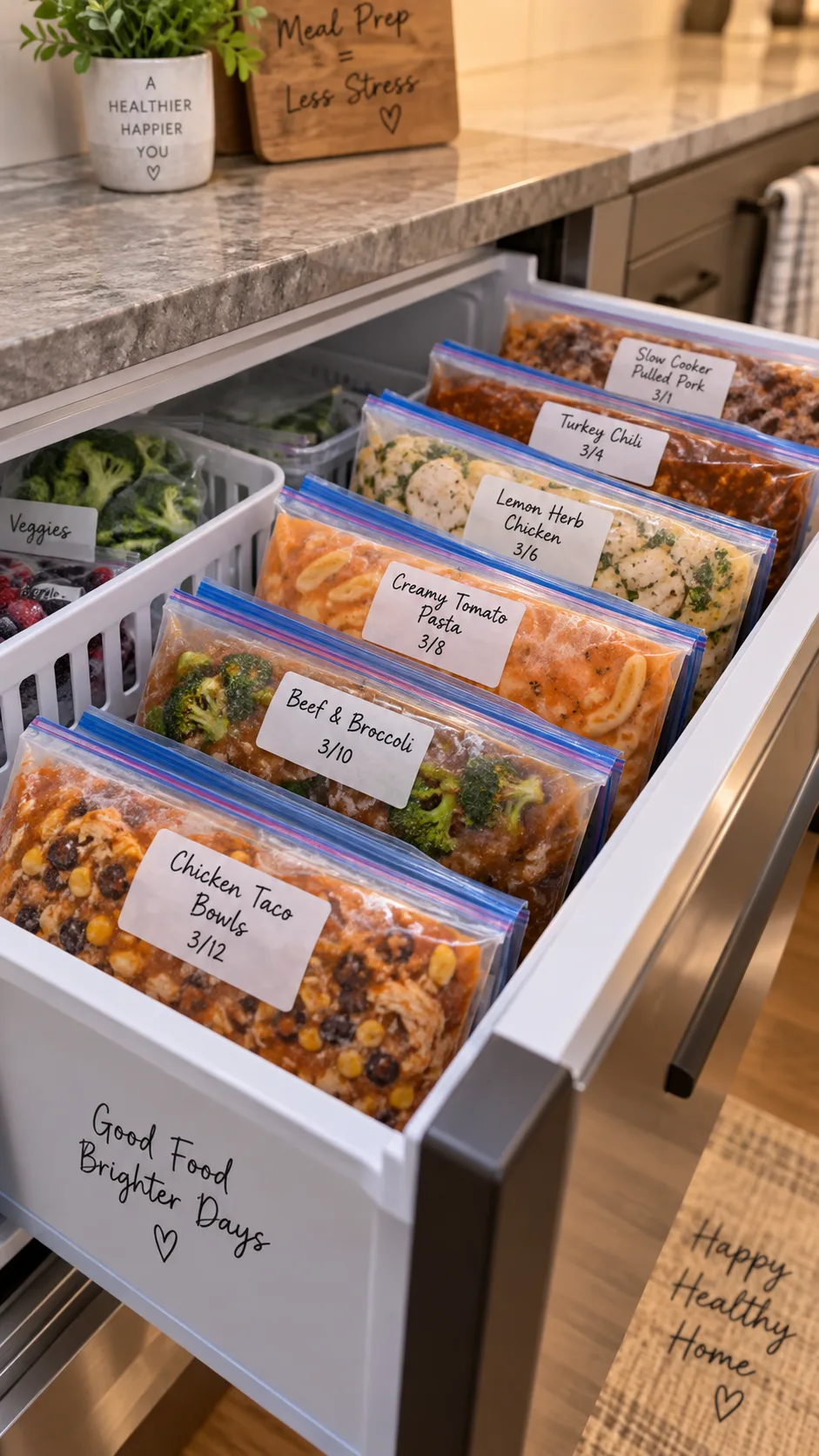 Freezer Meal Prep Done Right: The Make-Ahead System That Saves Weeknight Dinners 1 An organized home freezer drawer filled with labeled flat-frozen meal prep bags standing upright like files, warm kitchen lighting, shallow depth of field, realistic lifestyle photography