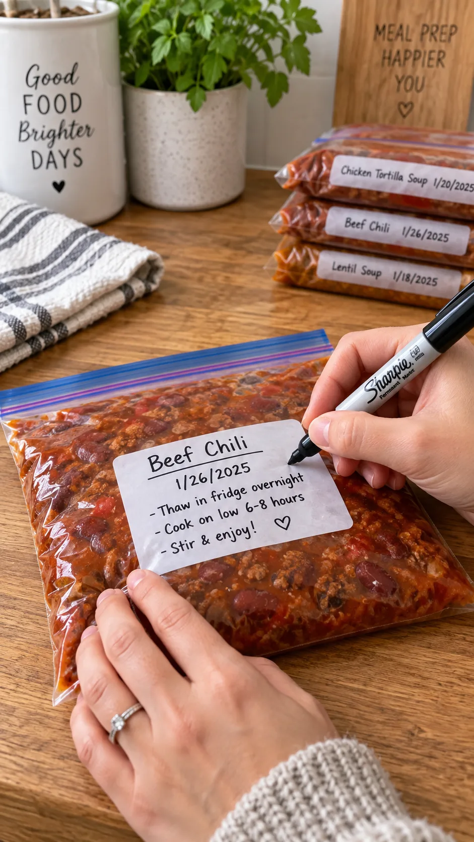 Freezer Meal Prep Done Right: The Make-Ahead System That Saves Weeknight Dinners 2 Close-up of hands using a permanent marker to label a flat freezer bag of chili with name, date and cooking instructions on a wooden kitchen counter