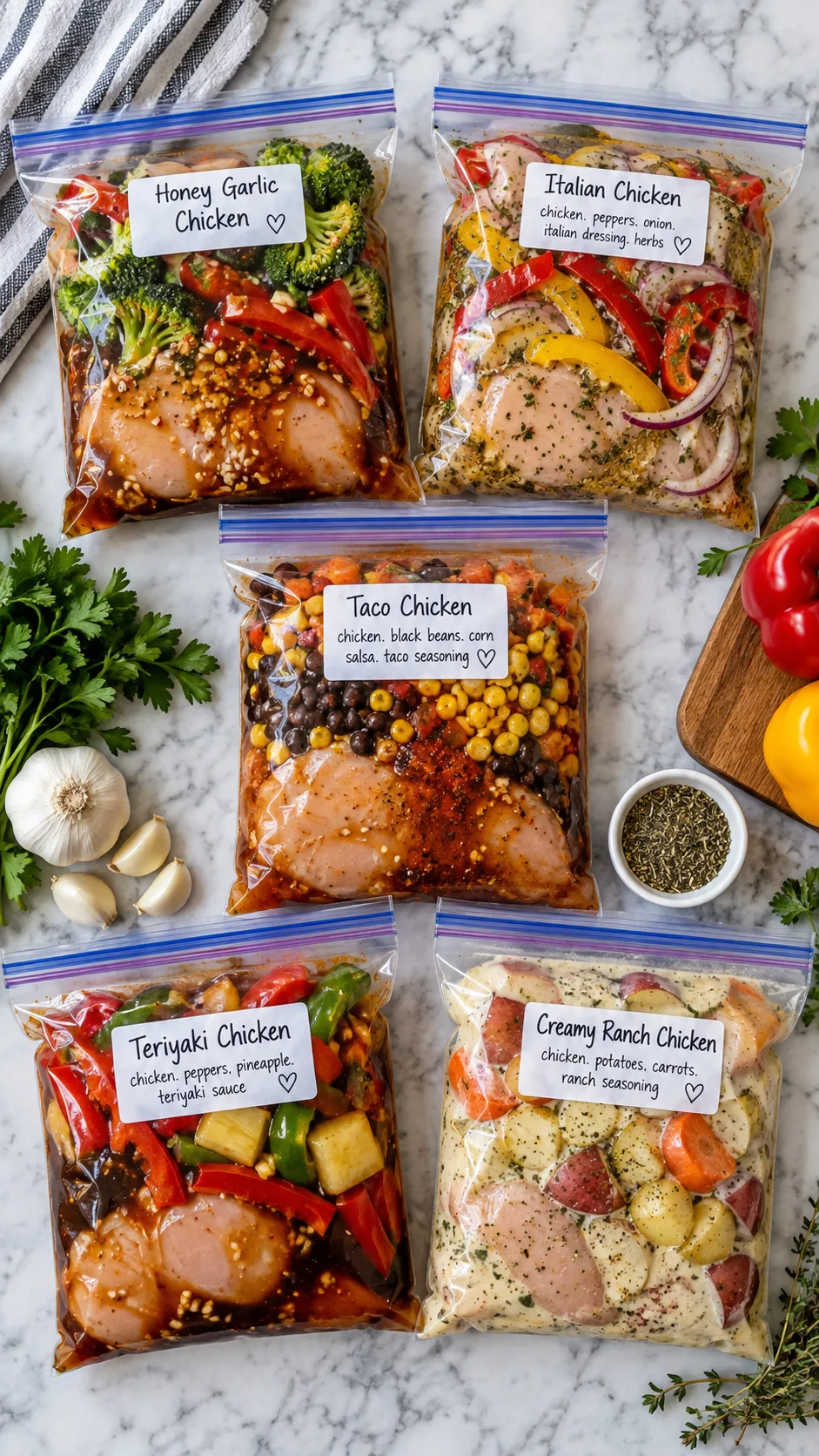 Freezer Meal Prep Done Right: The Make-Ahead System That Saves Weeknight Dinners 3 Flat lay of five raw dump-bag freezer meals on a marble counter, each bag showing colorful raw chicken, peppers, sauces and herbs, bright natural light, overhead food photography