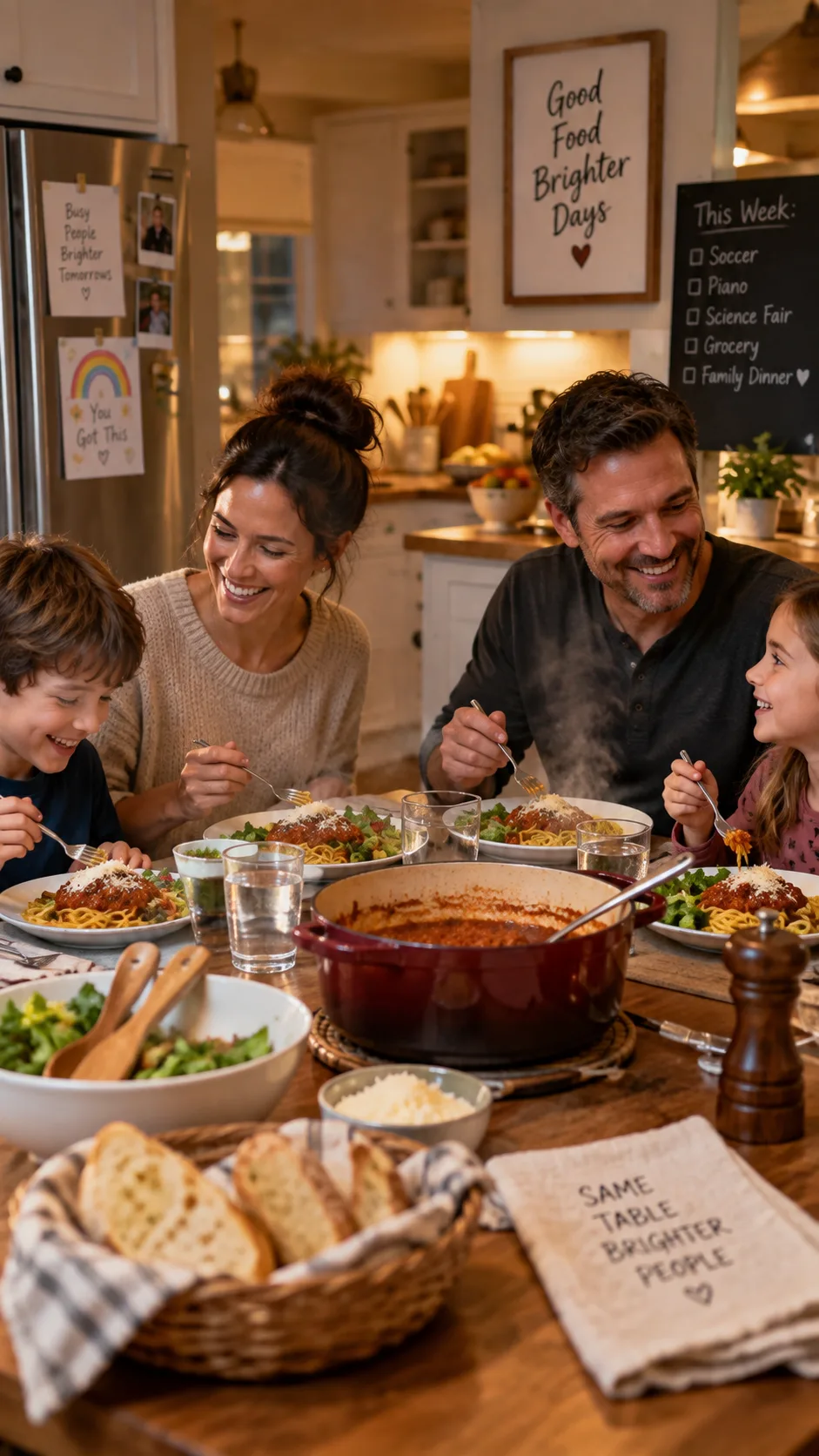 Freezer Meal Prep Done Right: The Make-Ahead System That Saves Weeknight Dinners 4 A family sitting down to a hearty home-cooked dinner on a busy weeknight, warm kitchen background, steam rising from the plates, candid lifestyle photography