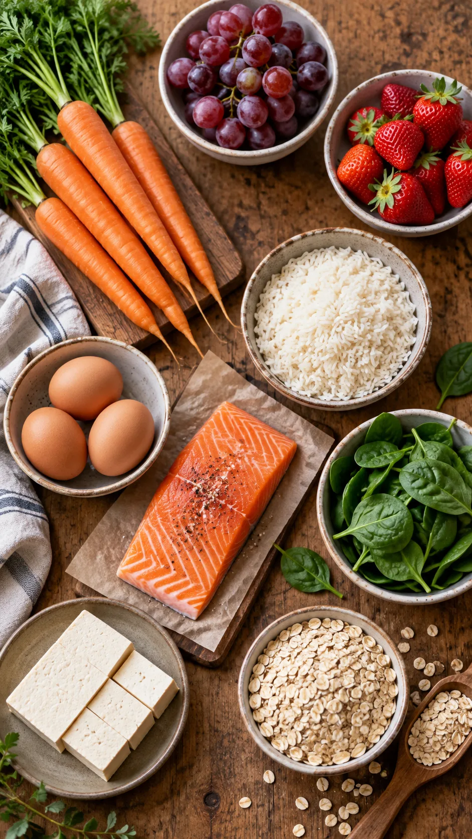 The Low FODMAP Diet for Beginners: What to Eat, Avoid & Actually Enjoy 1 A warm, natural-light overhead photo of a wooden table with low FODMAP foods arranged neatly: carrots, grapes, strawberries, rice, eggs, salmon fillet, spinach, firm tofu, and a bowl of oats, shot in soft documentary food photography style