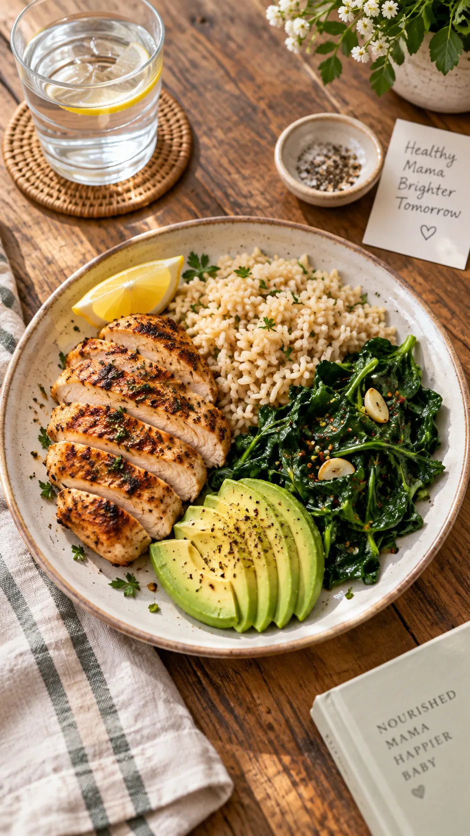 Gestational Diet: Pregnancy Meals That Keep Blood Sugar Steady (Without Boring You to Tears) 1 A warm, natural-light overhead photo of a colorful balanced pregnancy meal plate with grilled chicken, brown rice, sautéed leafy greens, avocado slices and a small glass of water on a rustic wooden table, shallow depth of field, food photography style