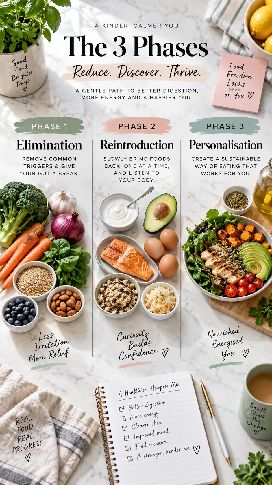 The Low FODMAP Diet for Beginners: What to Eat, Avoid & Actually Enjoy 2 A clean infographic-style flat lay showing three labelled stages on a kitchen counter: Phase 1 Elimination, Phase 2 Reintroduction, Phase 3 Personalisation, illustrated with small food groupings and a notebook, bright natural lighting