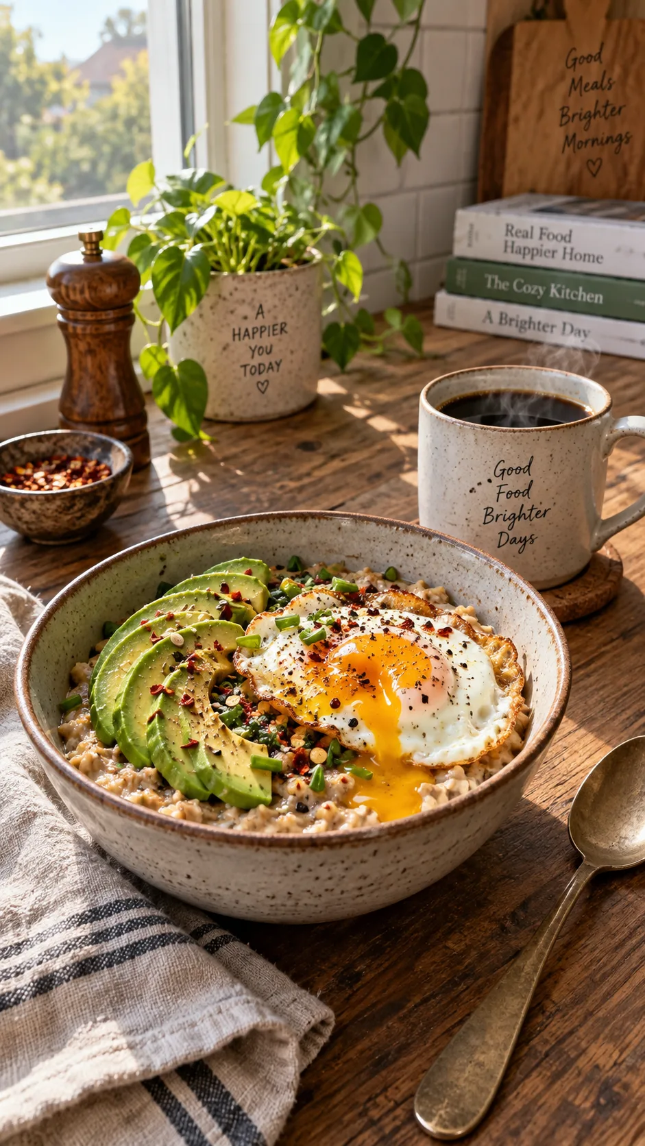 Gestational Diet: Pregnancy Meals That Keep Blood Sugar Steady (Without Boring You to Tears) 3 A rustic breakfast scene with a savoury oatmeal bowl topped with a runny fried egg, avocado slices and chili flakes, next to a cup of black coffee, morning window light, cozy home kitchen