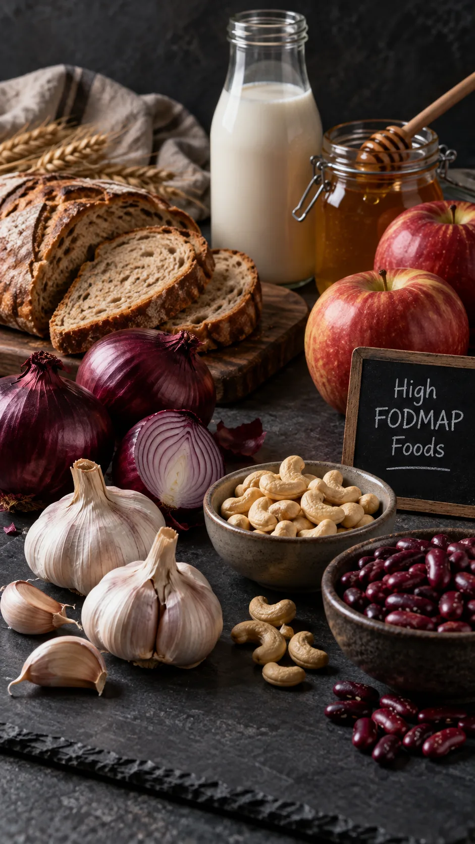 The Low FODMAP Diet for Beginners: What to Eat, Avoid & Actually Enjoy 3 A moody, dramatic still life photo of high FODMAP foods on a dark slate surface: garlic bulbs, red onions, wheat bread, apples, milk, honey jar, cashews and beans, side lighting, editorial food photography