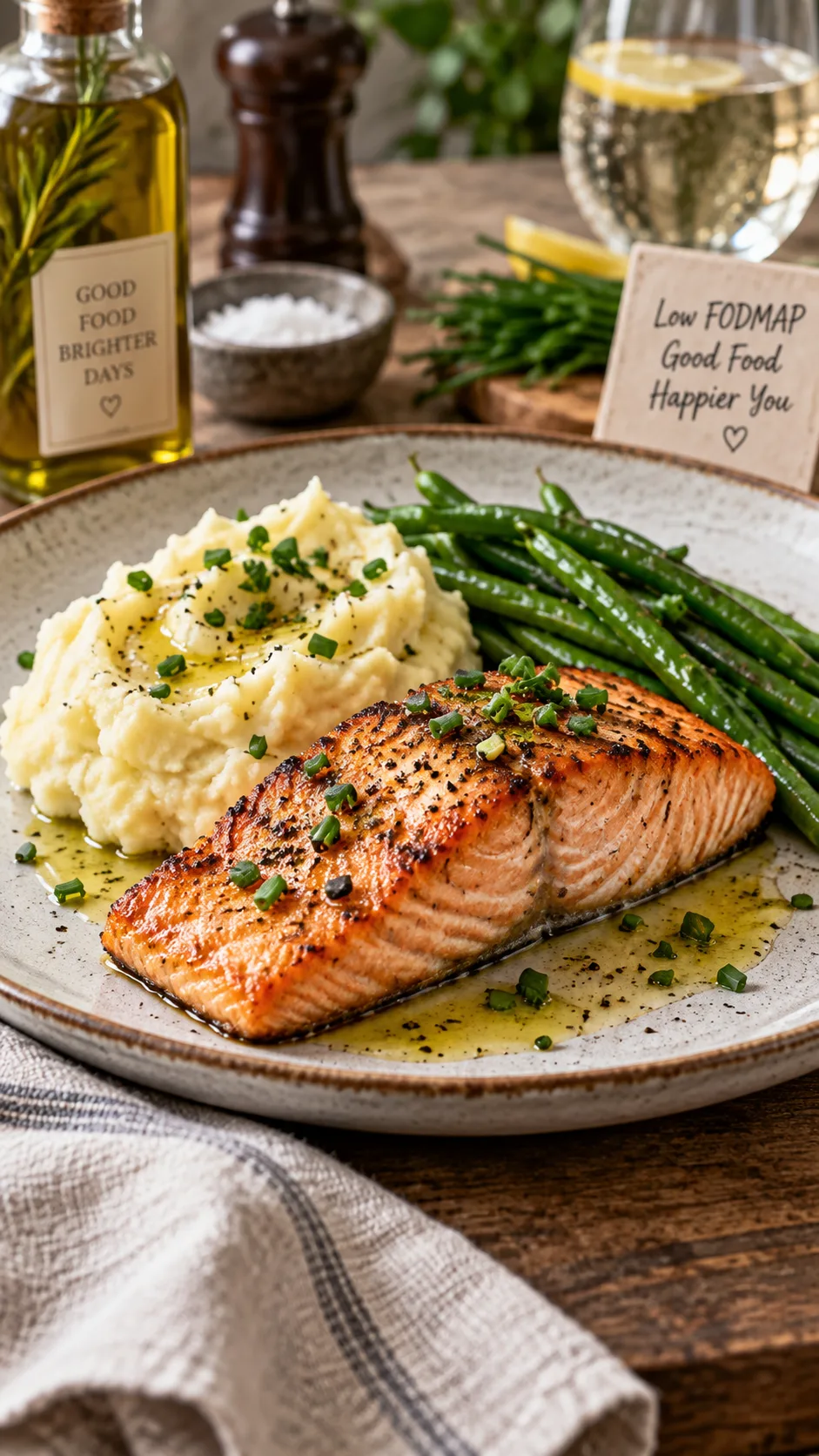 The Low FODMAP Diet for Beginners: What to Eat, Avoid & Actually Enjoy 4 A beautifully plated low FODMAP dinner: grilled salmon fillet with creamy mashed potato, green beans and fresh chives, drizzled with infused olive oil, on a ceramic plate with a linen napkin, restaurant-quality food photography