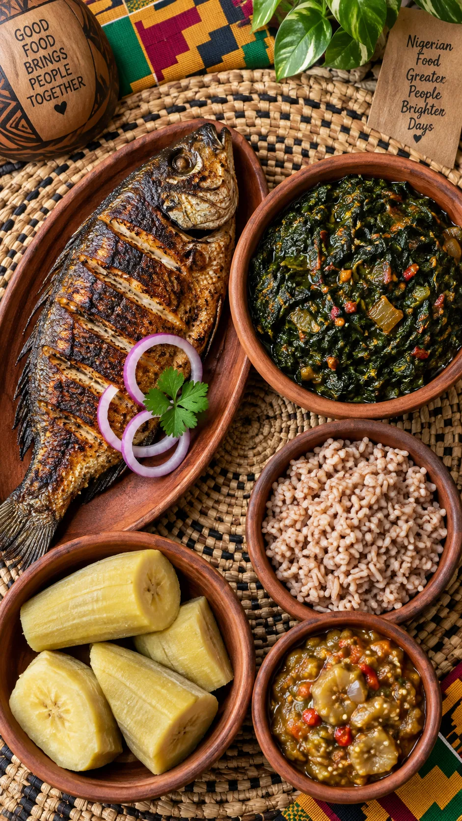 Gestational Diet: Pregnancy Meals That Keep Blood Sugar Steady (Without Boring You to Tears) 4 Vibrant West African dinner spread photographed from above: grilled fish, dark green leafy vegetable stew, small portion of brown ofada rice, boiled unripe plantain, and garden egg sauce in small clay bowls on a woven placemat