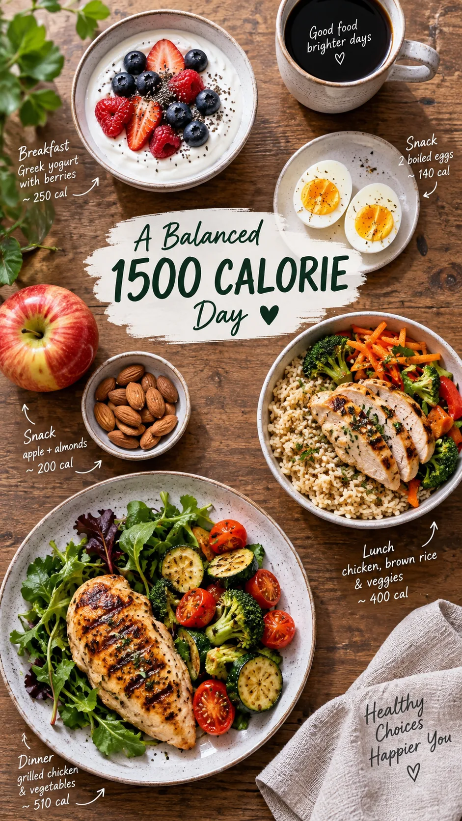 The Simple 1500 Calorie Meal Plan That Actually Keeps You Full All Day 1 Overhead flat lay of a balanced 1500 calorie day of meals on a wooden table: grilled chicken breast with vegetables, Greek yogurt with berries, boiled eggs, brown rice bowl, apple and almonds, natural daylight, bright food photography
