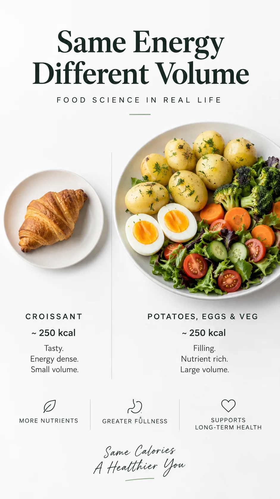 The Simple 1500 Calorie Meal Plan That Actually Keeps You Full All Day 2 Side by side comparison photograph showing a small croissant next to a large plate of boiled potatoes, eggs and vegetables on a clean white surface, educational food science styling, soft studio lighting