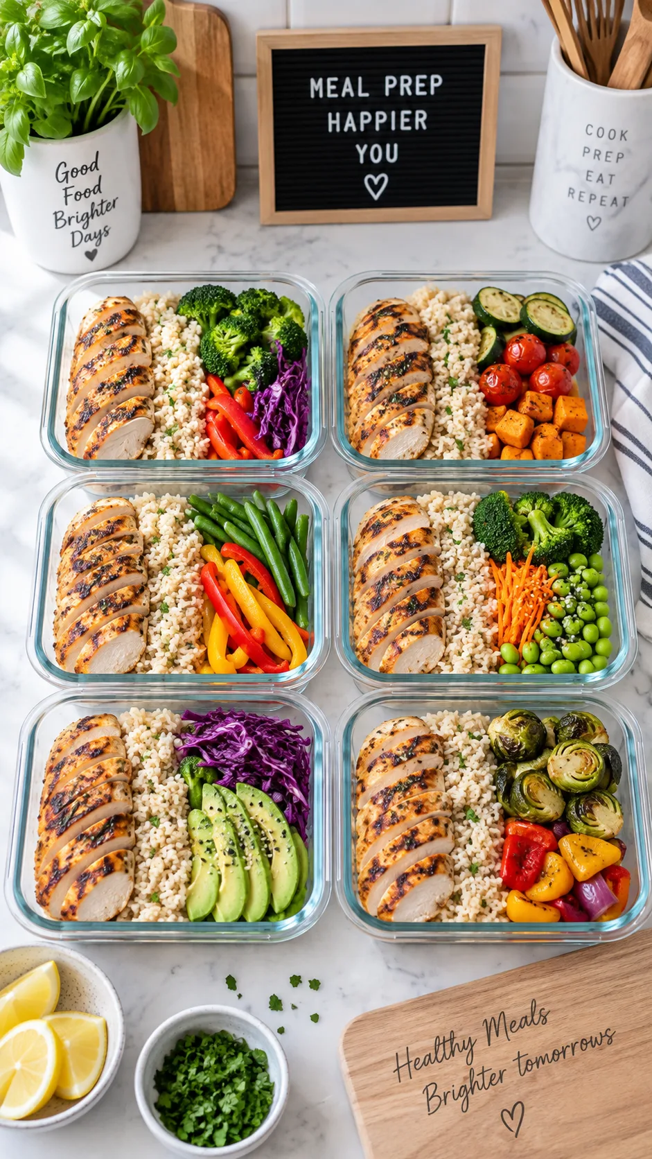 The Simple 1500 Calorie Meal Plan That Actually Keeps You Full All Day 3 Weekly meal prep containers lined up on a kitchen counter with portioned grilled protein, rice, and colourful vegetables, glass containers, bright modern kitchen, top-down angle