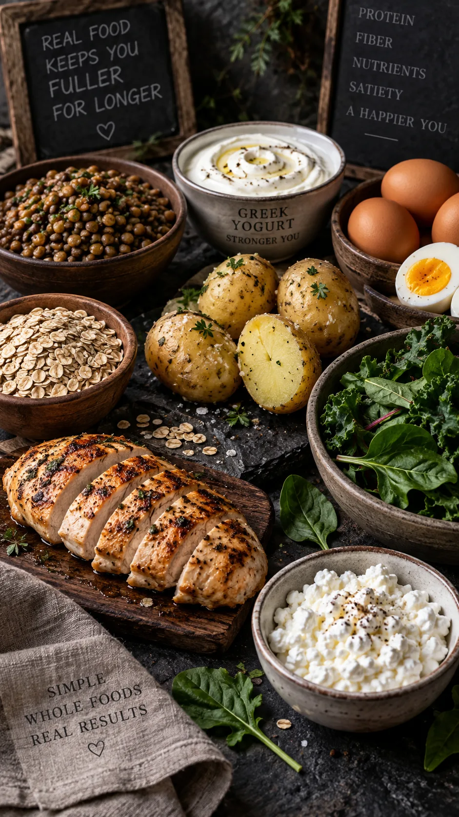 The Simple 1500 Calorie Meal Plan That Actually Keeps You Full All Day 4 Rustic display of high satiety whole foods including eggs, boiled potatoes, Greek yogurt, lentils, oats, chicken breast, leafy greens and cottage cheese arranged on dark slate, moody food photography