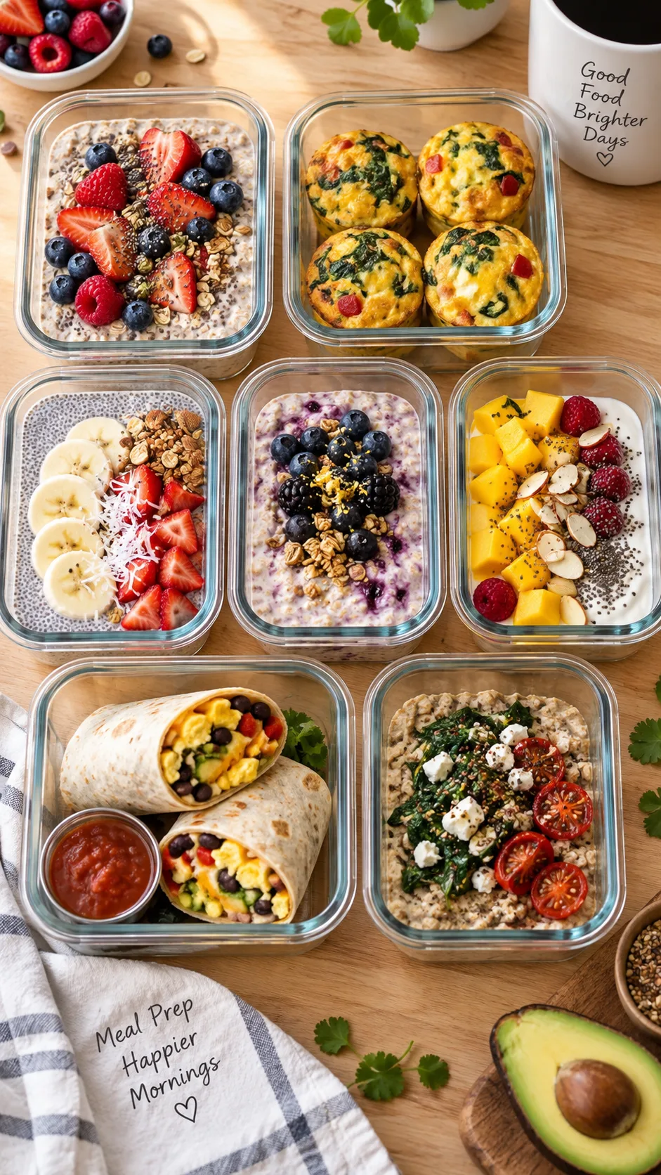 Easy Healthy Breakfast Meal Prep Ideas to Power Your Whole Week 1 Overhead flat lay of seven glass meal prep containers filled with colorful breakfast foods, overnight oats with berries, egg muffins, chia pudding, breakfast burritos, arranged on a light wooden kitchen counter, bright natural morning light, shallow depth of field, food photography
