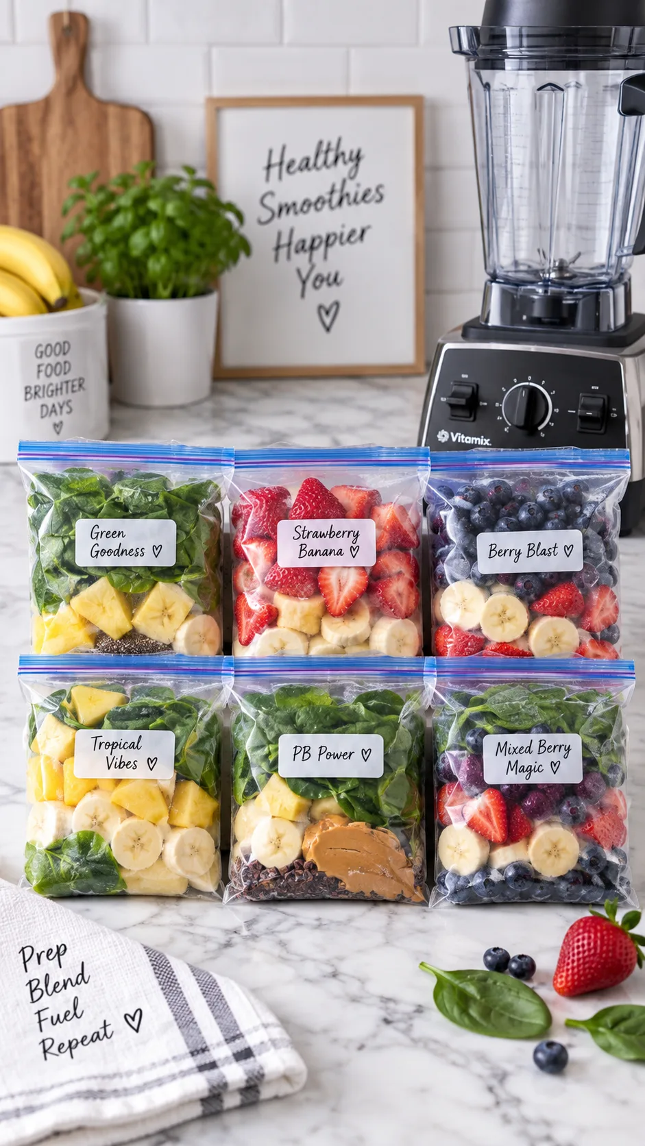 Easy Healthy Breakfast Meal Prep Ideas to Power Your Whole Week 3 Six clear freezer bags filled with colorful smoothie ingredients, spinach leaves, strawberries, banana slices, blueberries, lined up on a marble counter next to a blender, bright clean kitchen, crisp product photography style