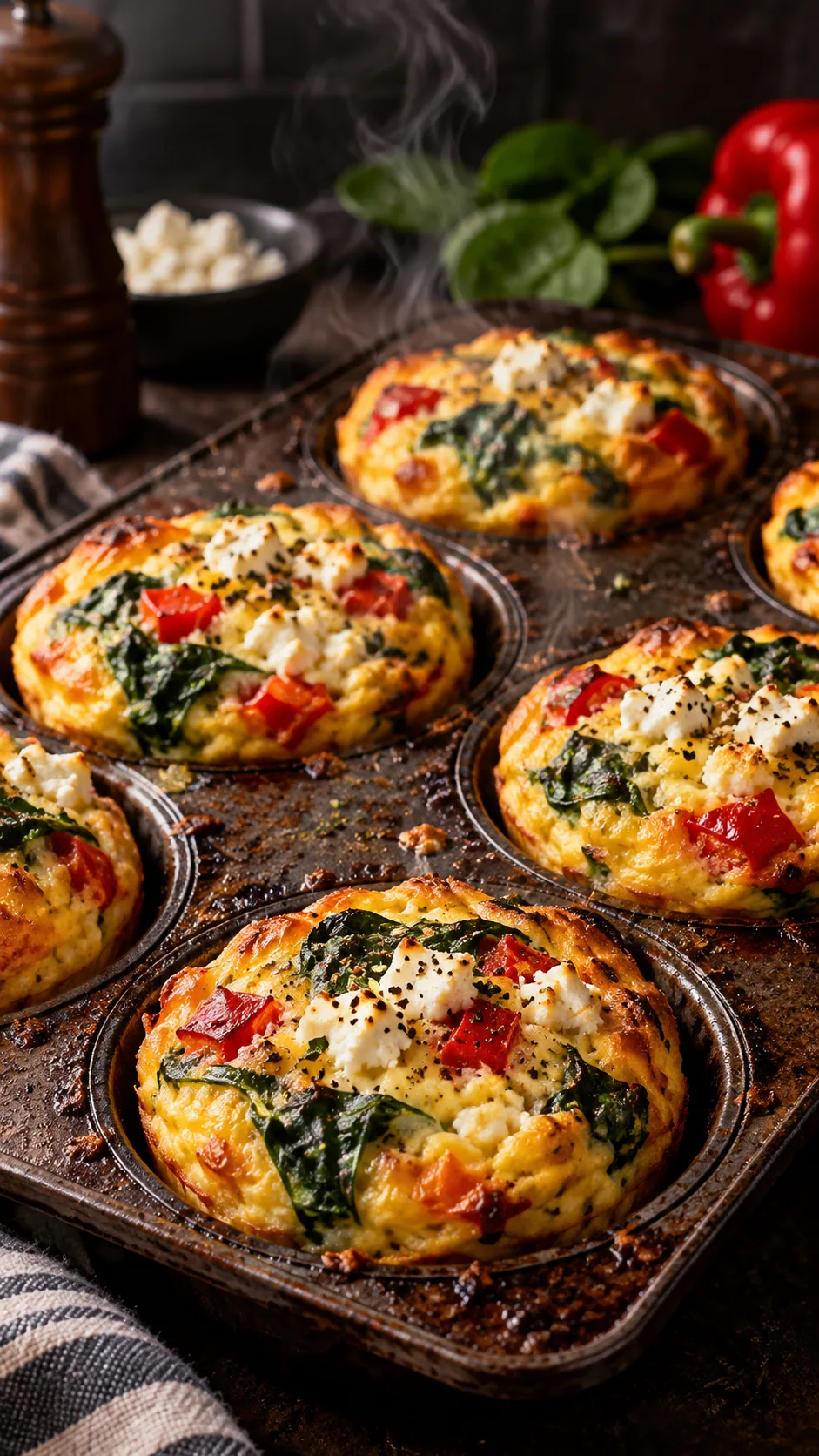 Easy Healthy Breakfast Meal Prep Ideas to Power Your Whole Week 4 Close-up of a golden baked egg muffin tray fresh from the oven with spinach, red peppers and feta visible, steam rising, dark rustic baking tray, moody kitchen lighting, professional food photography