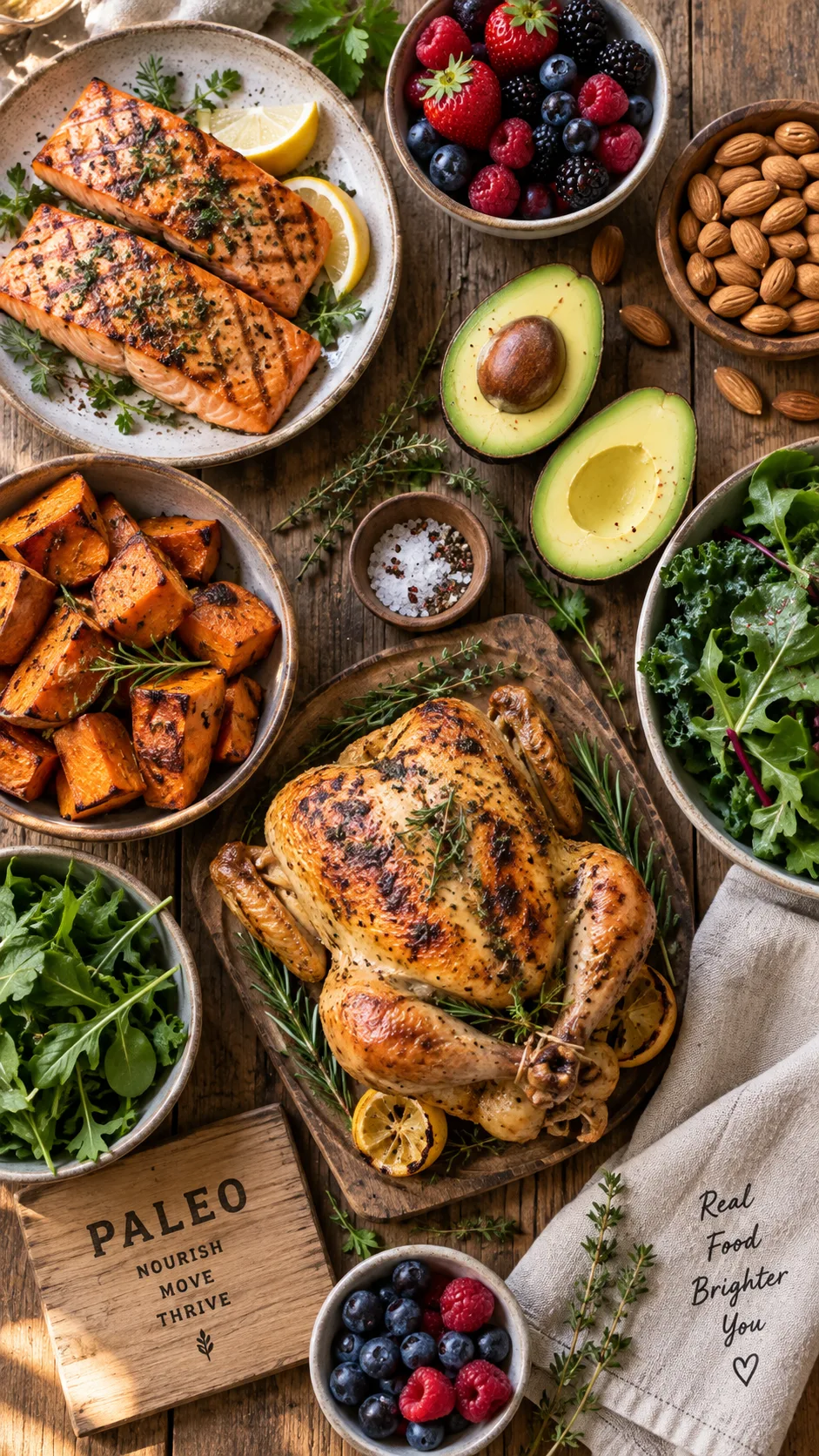 The Paleo Diet for Beginners: What to Eat, What to Skip, and How to Actually Stick With It 1 Overhead flat lay of a rustic wooden table filled with paleo foods: grilled salmon, avocado halves, sweet potatoes, leafy greens, almonds, berries, and a whole roasted chicken, natural window light, warm tones, food photography