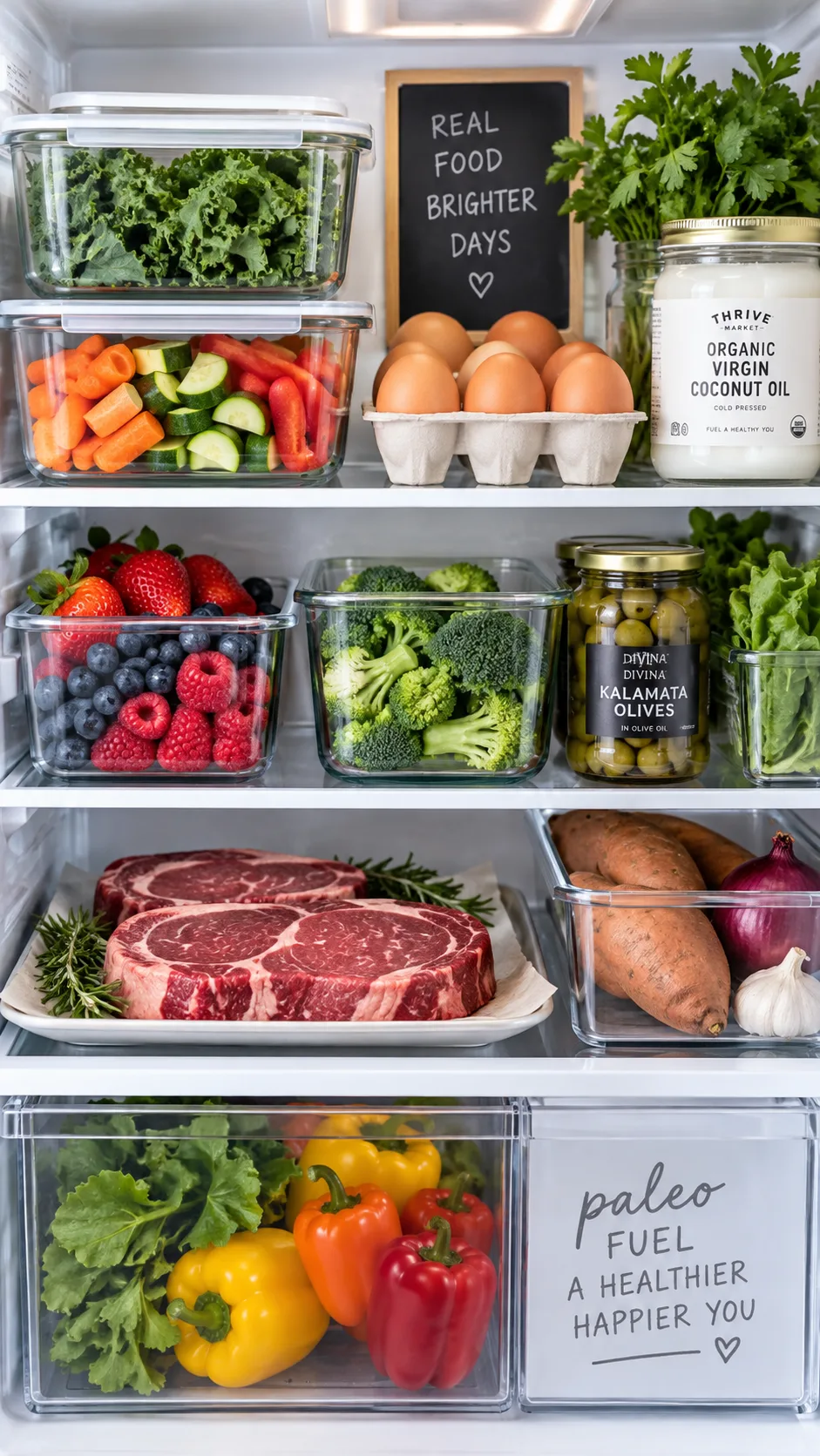 The Paleo Diet for Beginners: What to Eat, What to Skip, and How to Actually Stick With It 2 A well-organized refrigerator shelf stocked with paleo staples: containers of prepped vegetables, eggs, raw steaks, fresh berries, jars of olives and coconut oil, bright clean lighting, lifestyle photography