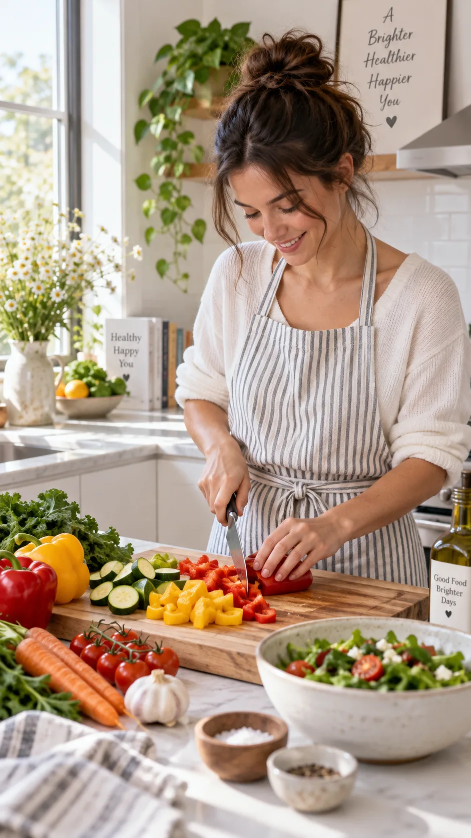 The Paleo Diet for Beginners: What to Eat, What to Skip, and How to Actually Stick With It 3 A person in a bright modern kitchen chopping colorful vegetables on a wooden board, natural morning light streaming through window, candid lifestyle shot, shallow depth of field