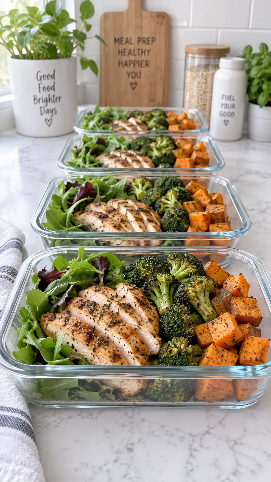 The Paleo Diet for Beginners: What to Eat, What to Skip, and How to Actually Stick With It 4 Meal prep containers lined up on a kitchen counter filled with grilled chicken, roasted broccoli, sweet potato cubes and salad greens, clean minimal aesthetic, bright natural light