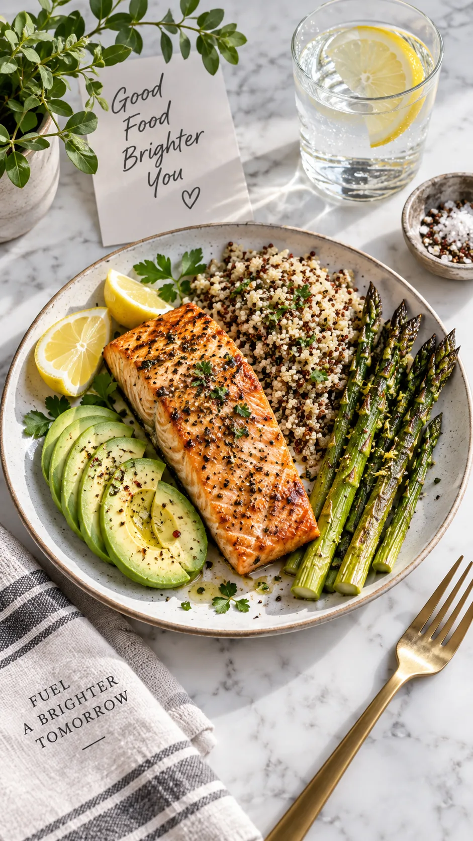 The Victoria's Secret Diet Meal Plan Supermodels Actually Follow (And What They Skip) 1 Editorial flat lay of a balanced high-protein meal on a white marble surface: grilled salmon fillet, quinoa, roasted asparagus, avocado slices, lemon wedges, natural window light, soft shadows, magazine food photography style