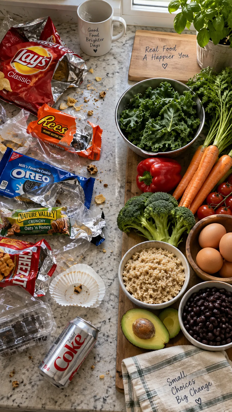 The Whole Foods Diet Beginner's Mistake That Keeps You Stuck (And What to Do Instead) 1 Overhead shot of a kitchen counter split in two halves: one side chaotic with empty packaged snack wrappers, the other side neatly arranged with fresh vegetables, eggs, brown rice and beans, natural window light, realistic documentary food photography