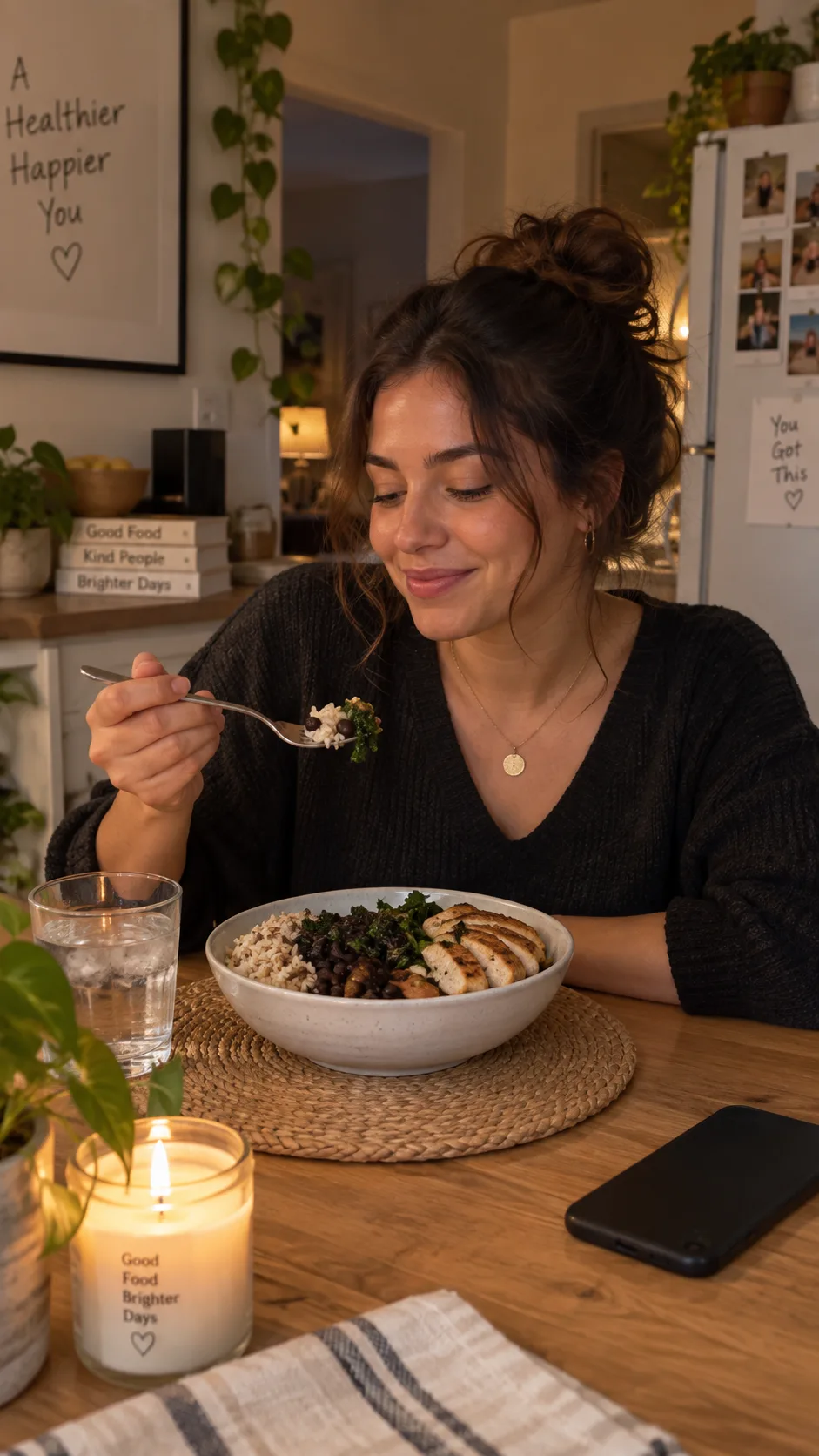 The Whole Foods Diet Beginner's Mistake That Keeps You Stuck (And What to Do Instead) 2 A relaxed young adult eating a simple bowl of rice, beans, greens and grilled chicken at a small kitchen table, phone face down, warm evening light, candid lifestyle photography, natural and unstyled