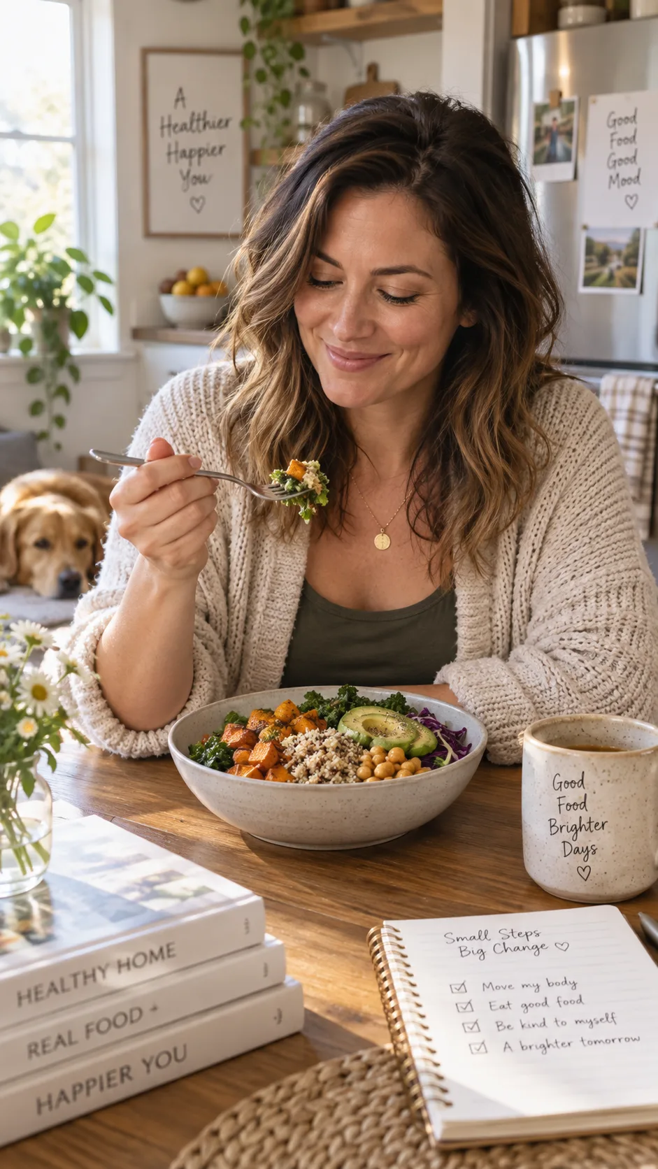 The Victoria's Secret Diet Meal Plan Supermodels Actually Follow (And What They Skip) 5 Woman in her thirties sitting at a kitchen table eating a colorful balanced meal, relaxed and smiling, cozy home setting, warm natural light, authentic lifestyle photography, not posed