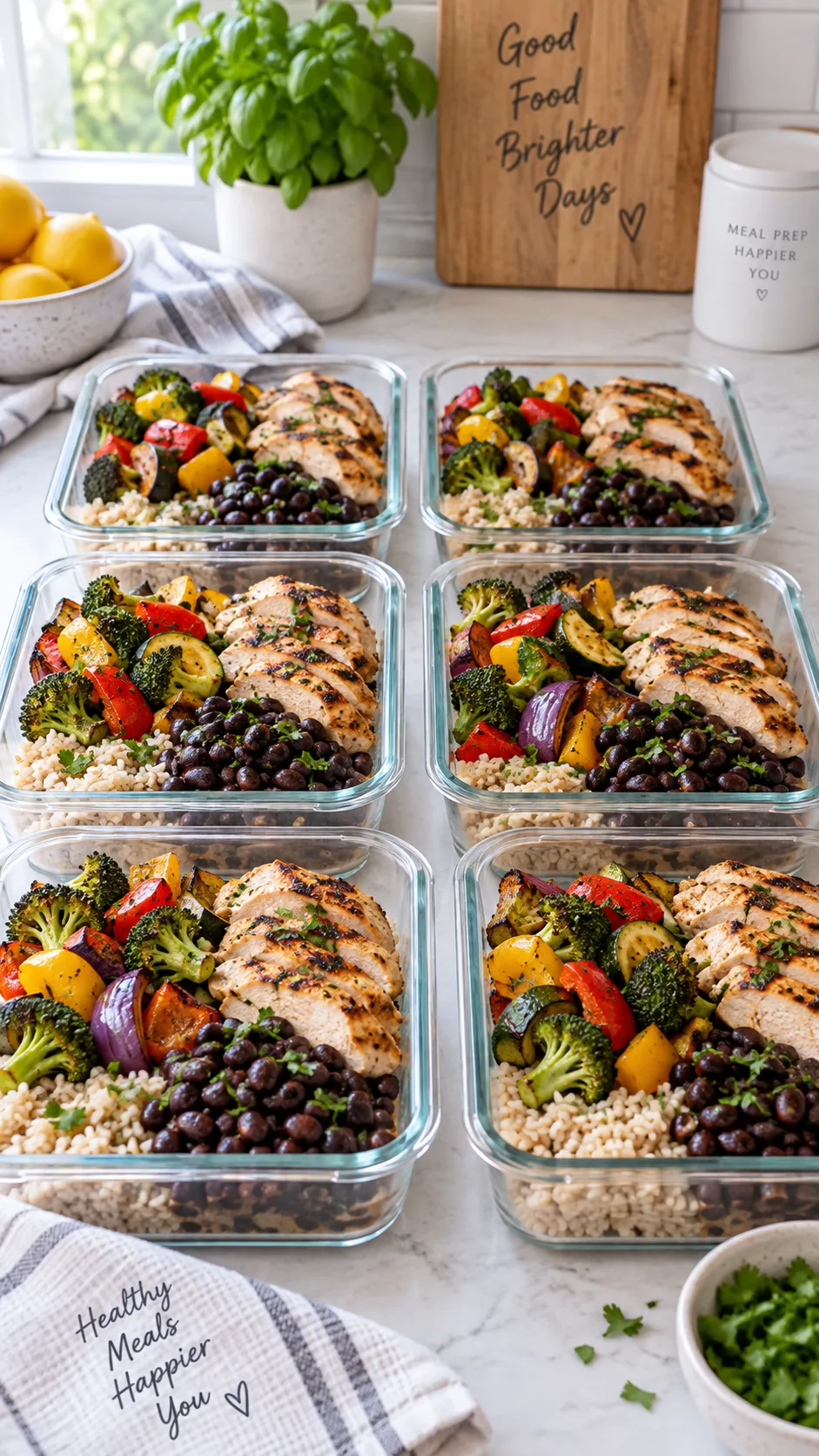The Whole Foods Diet Beginner's Mistake That Keeps You Stuck (And What to Do Instead) 3 Meal prep containers arranged in rows on a counter filled with rice, beans, roasted vegetables and grilled chicken, glass containers, bright natural light, clean and practical, realistic food photography