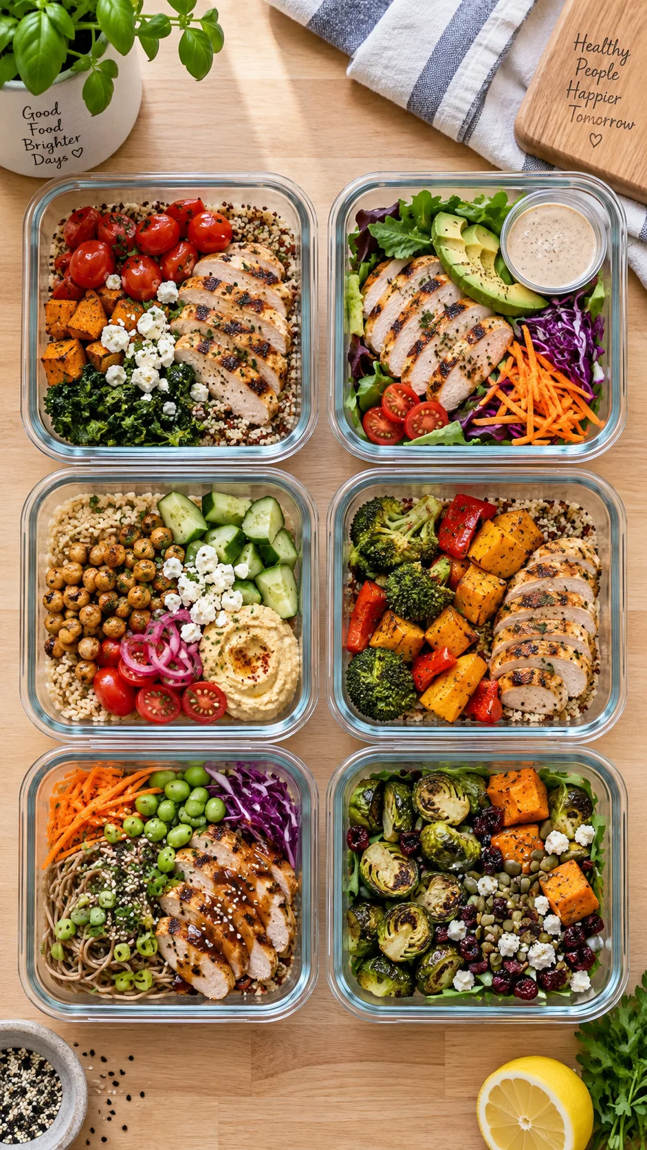 Healthy Lunch Meal Prep Ideas That Make Eating Well Effortless All Week 1 Overhead flat lay of six glass meal prep containers filled with colorful healthy lunches — grain bowls, salads with grilled chicken, roasted vegetables — arranged neatly on a light wooden kitchen counter, natural window light, food photography style