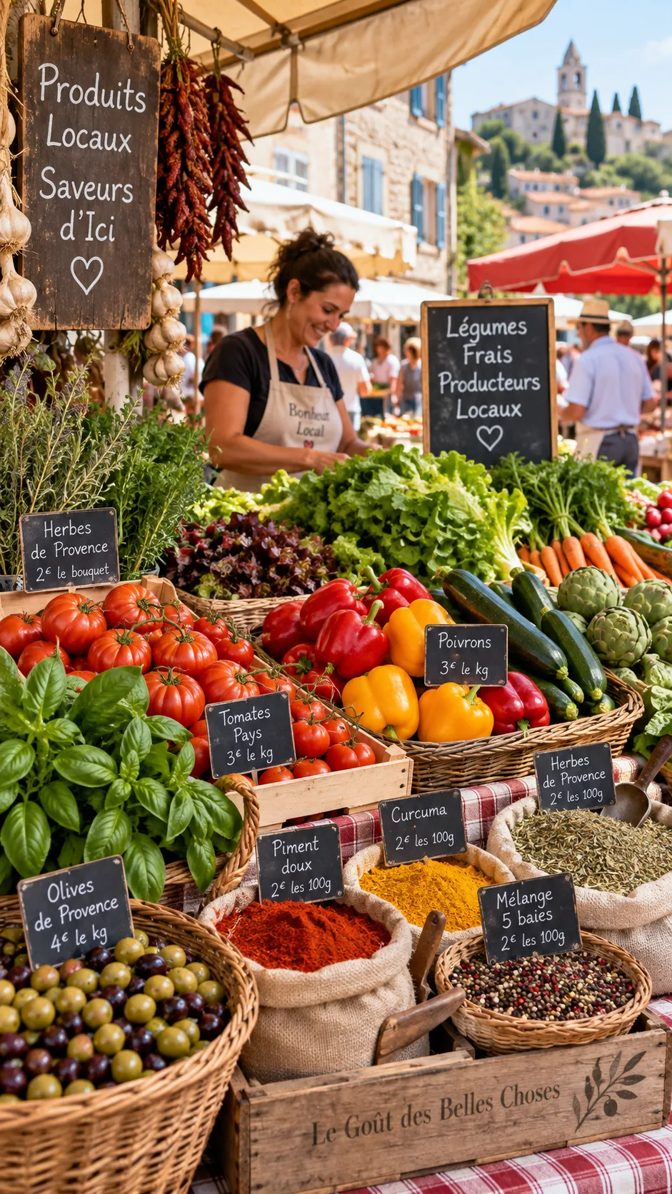 The Whole Foods Diet Beginner's Mistake That Keeps You Stuck (And What to Do Instead) 4 Colorful open-air local market stall with fresh vegetables, peppers, tomatoes, leafy greens and spices in baskets, vibrant colors, documentary style travel photography, warm daylight