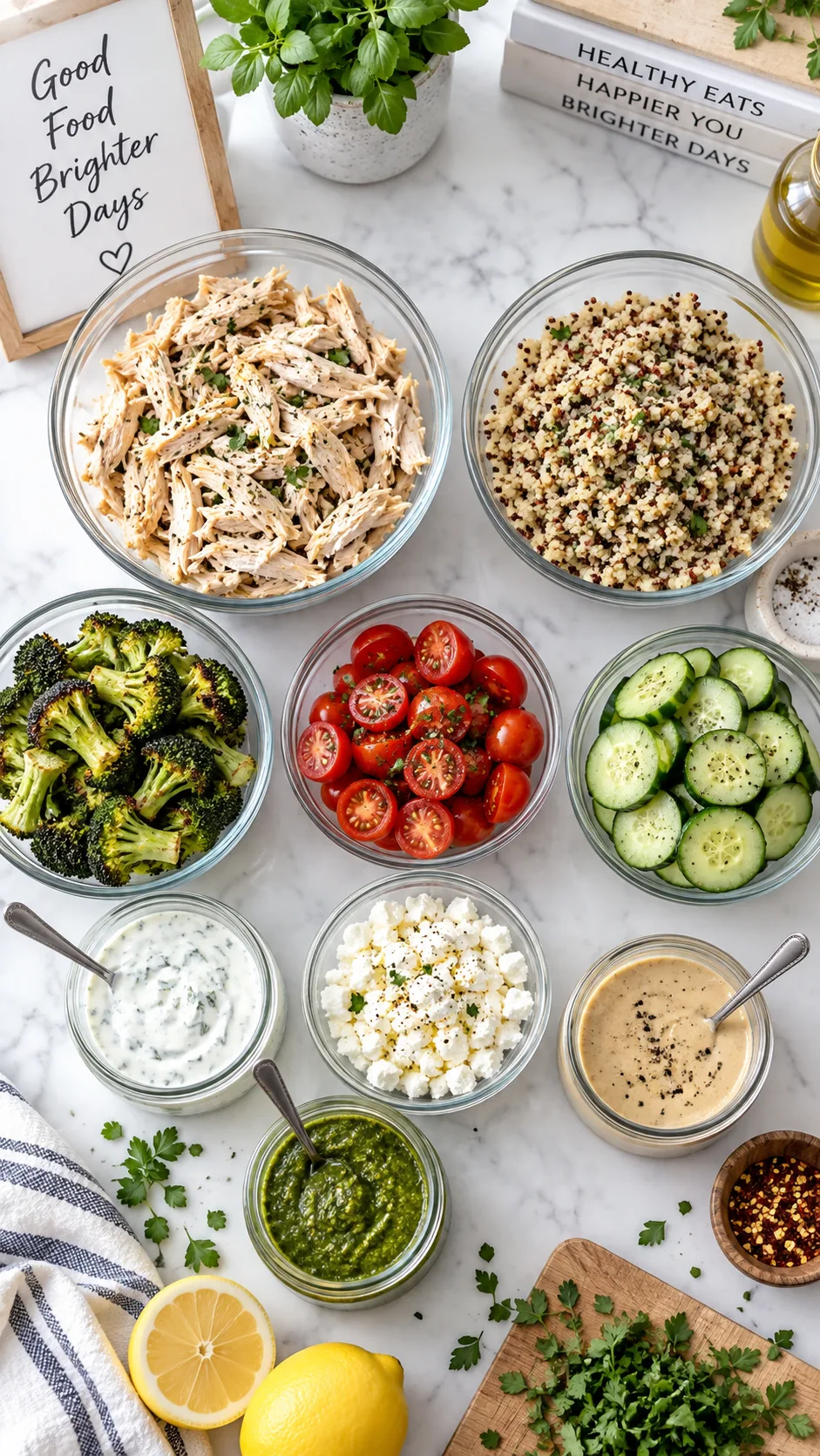 Healthy Lunch Meal Prep Ideas That Make Eating Well Effortless All Week 2 Kitchen counter organized with separate glass bowls of prepped ingredients — shredded chicken, cooked quinoa, roasted broccoli, cherry tomatoes, sliced cucumber, feta cheese, and small jars of sauces — bright natural lighting, top-down view, clean modern aesthetic