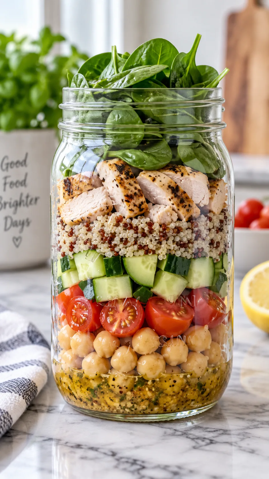 Healthy Lunch Meal Prep Ideas That Make Eating Well Effortless All Week 3 Close-up of a mason jar salad showing distinct colorful layers — vinaigrette at bottom, chickpeas, cherry tomatoes, cucumber, quinoa, grilled chicken, and fresh spinach on top — placed on a marble counter with soft natural light