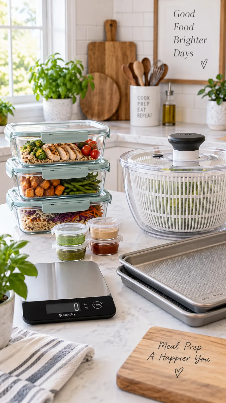 Healthy Lunch Meal Prep Ideas That Make Eating Well Effortless All Week 4 Neatly arranged meal prep equipment on a kitchen counter — glass containers with locking lids, small sauce cups, a salad spinner, two sheet pans, and a digital scale, bright airy kitchen background, lifestyle product photography
