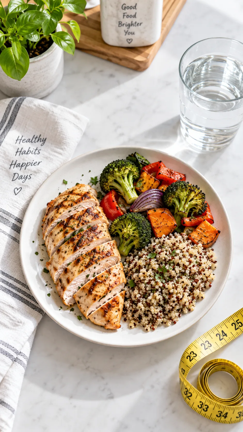 The Ozempic Diet Meal Plan That Actually Keeps You Full on a Smaller Appetite 1 Overhead flat lay of a small white plate portioned with grilled chicken breast, roasted vegetables, and quinoa next to a glass of water and a measuring tape, bright natural window light, clean minimalist kitchen counter, food photography