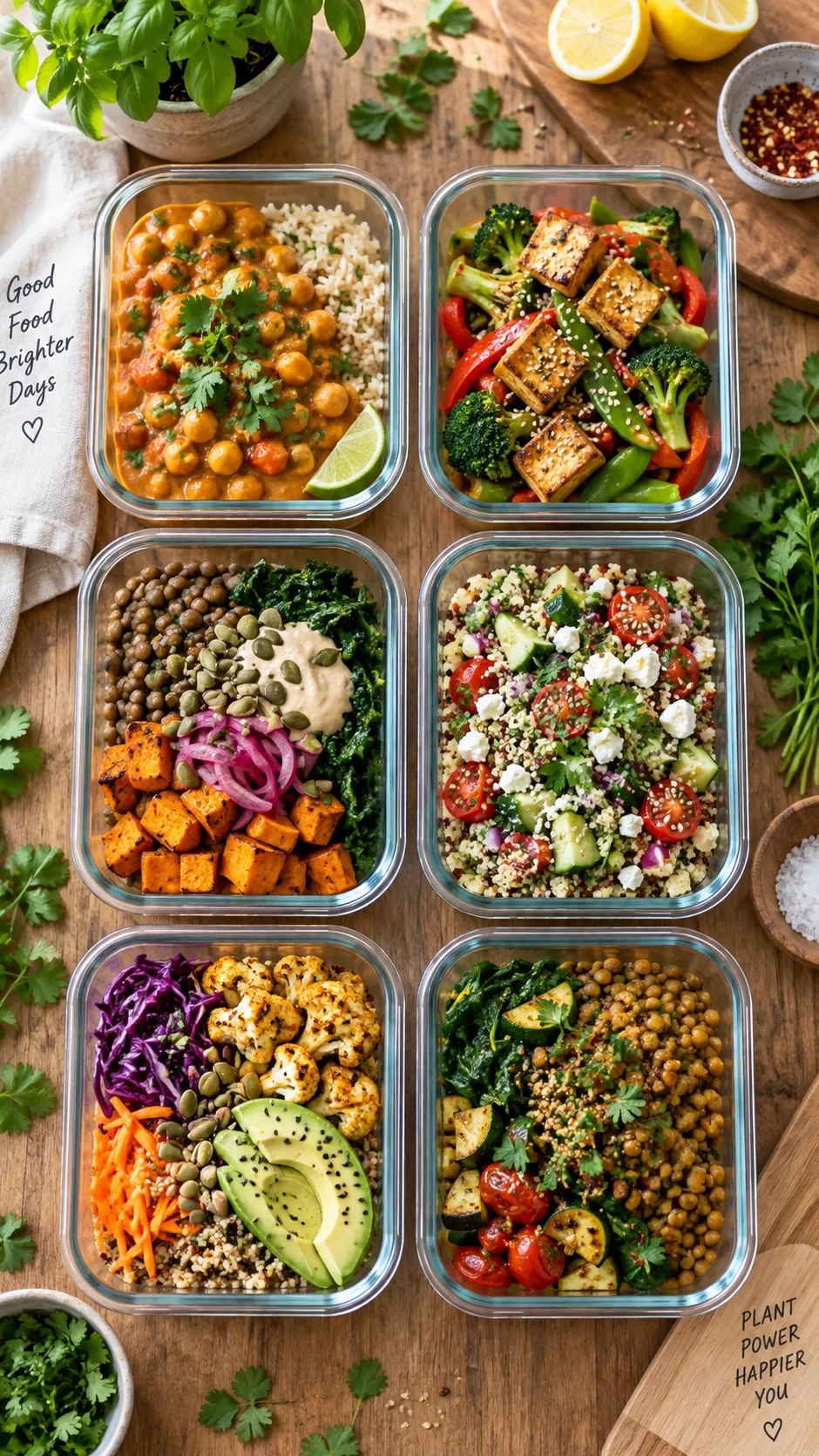 Healthy Vegetarian Meal Prep Ideas That Actually Keep You Full All Week 1 Overhead flat lay of six glass meal prep containers filled with colorful vegetarian meals - chickpea curry, tofu stir fry, lentil bowls, quinoa salad - on a wooden kitchen counter with fresh herbs scattered around, bright natural window light, food photography