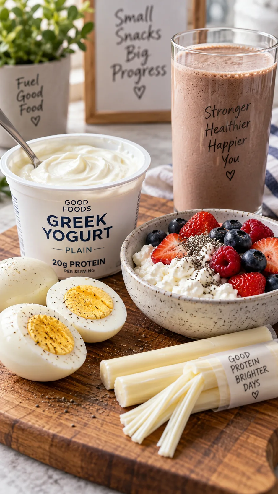 The Ozempic Diet Meal Plan That Actually Keeps You Full on a Smaller Appetite 2 Close-up of a high-protein snack spread on a wooden board: Greek yogurt cup, hard boiled eggs, cottage cheese with berries, string cheese, and a protein shake in a glass, soft morning light, lifestyle food photography