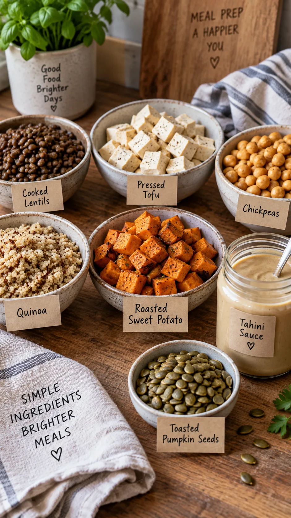 Healthy Vegetarian Meal Prep Ideas That Actually Keep You Full All Week 2 Close-up of a kitchen counter meal prep station showing labeled ingredient bowls: cooked lentils, pressed tofu cubes, chickpeas, quinoa, roasted sweet potato, tahini sauce in a jar, toasted pumpkin seeds, natural soft lighting, rustic wooden surface