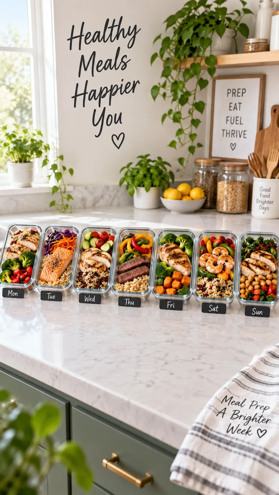 The Ozempic Diet Meal Plan That Actually Keeps You Full on a Smaller Appetite 3 Seven glass meal prep containers arranged in a row on a kitchen counter, each filled with portioned grilled protein, colorful vegetables and grains, labeled with small tags, bright airy kitchen, meal prep photography