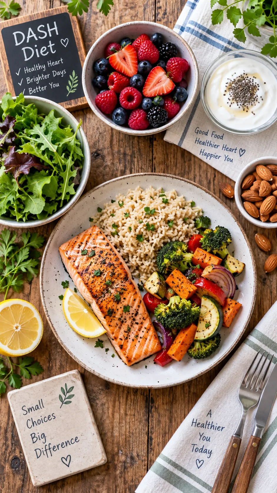 Overhead flat lay of a DASH diet meal spread on a rustic wooden table: grilled salmon, brown rice, roasted vegetables, mixed berries, leafy greens, low-fat yogurt, and unsalted almonds, bright natural daylight, food photography style