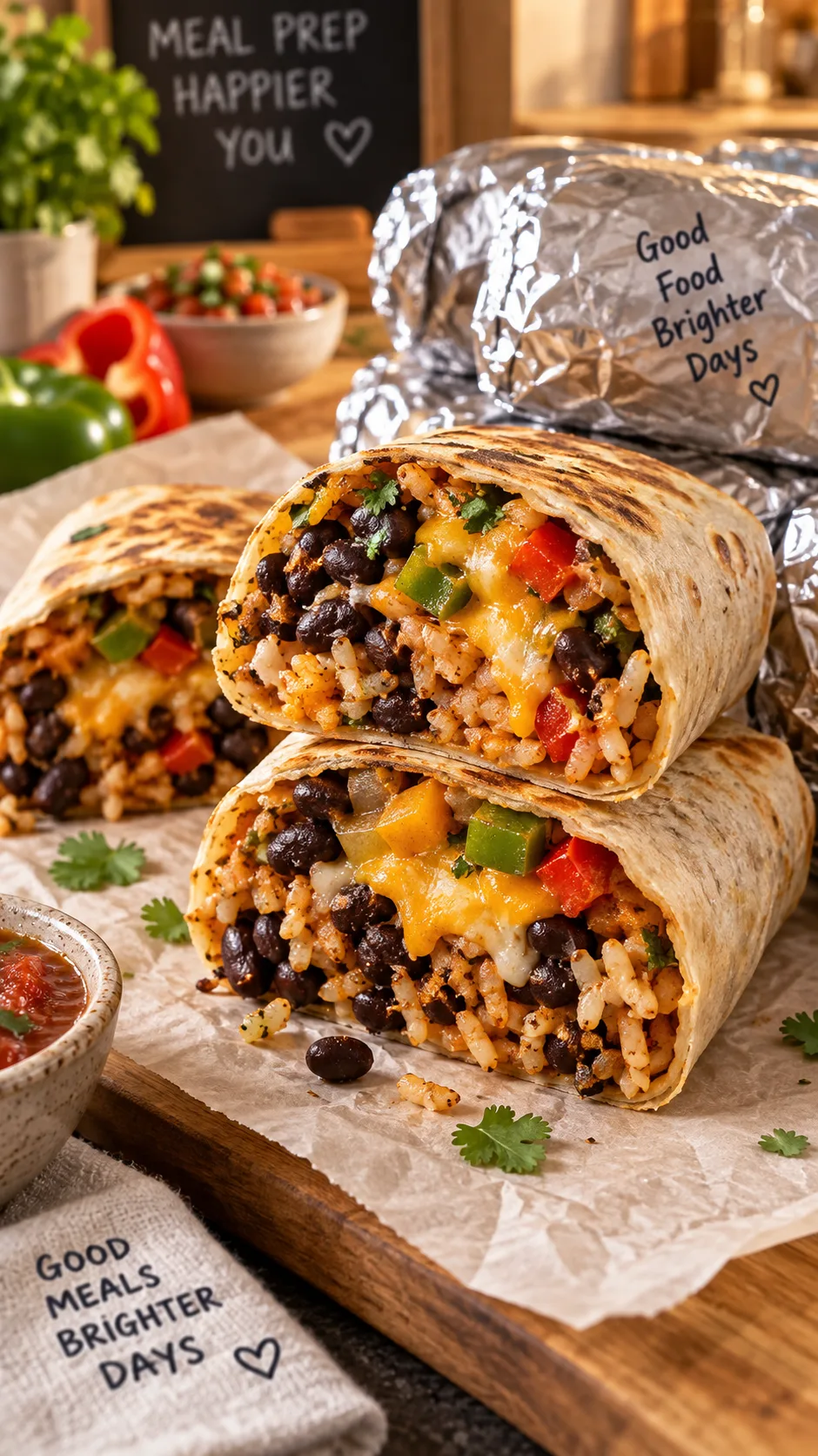Healthy Vegetarian Meal Prep Ideas That Actually Keep You Full All Week 3 Meal prepped burrito wraps cut in half showing black beans, rice, cheese and peppers inside, arranged on parchment paper next to foil wrapping, warm kitchen lighting, appetizing food photography close up