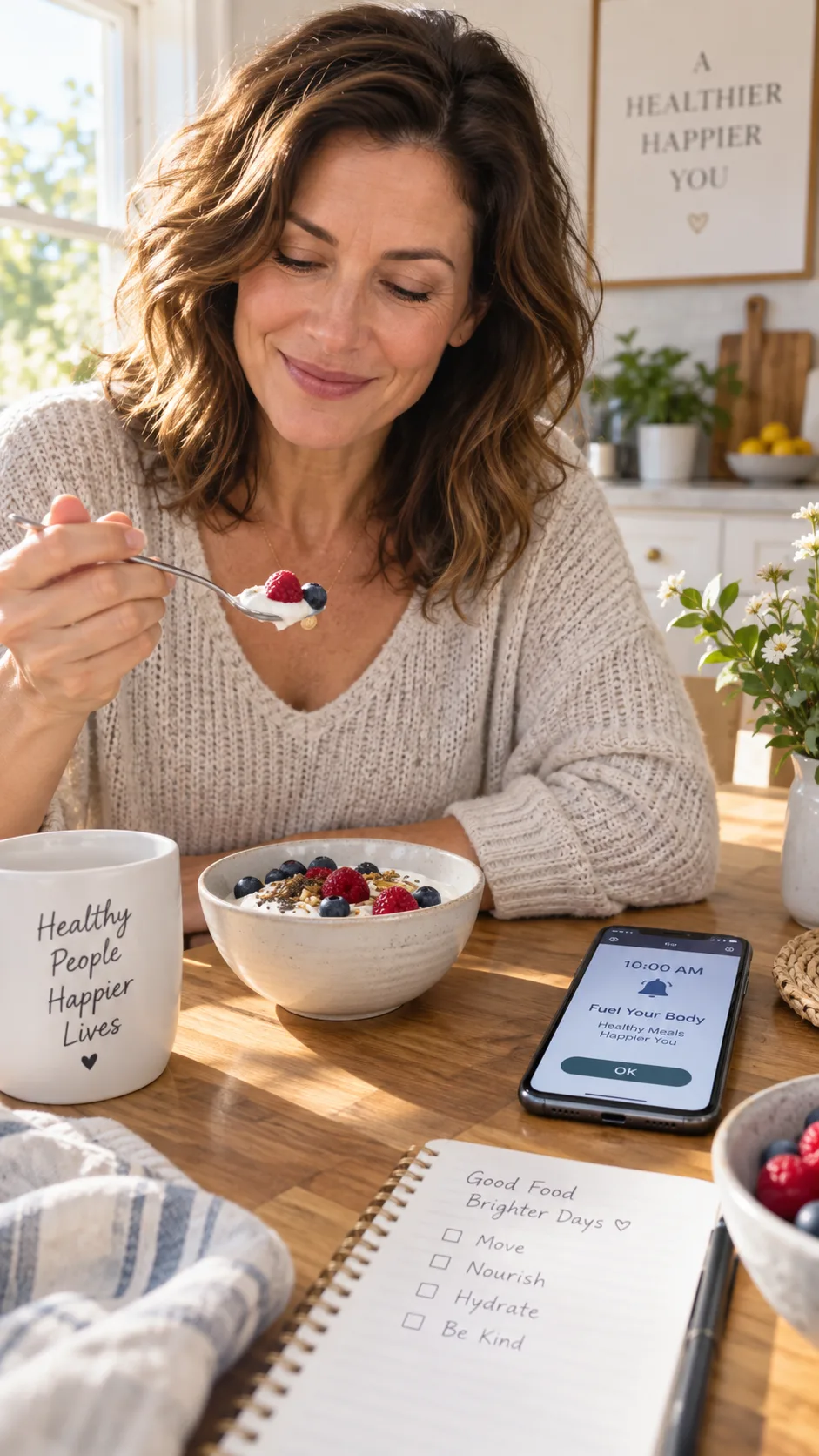 The Ozempic Diet Meal Plan That Actually Keeps You Full on a Smaller Appetite 4 Woman in her forties sitting at a sunny kitchen table eating a small bowl of Greek yogurt with berries, smartphone with a meal reminder alarm on the table beside her, warm natural lighting, authentic lifestyle photography