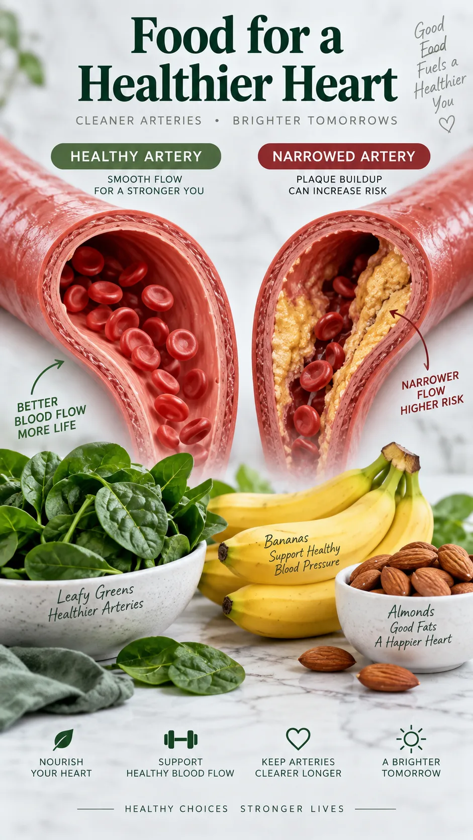 Clean medical infographic-style photograph showing a healthy open artery versus a narrowed artery, overlaid with fresh foods like spinach, bananas, and almonds arranged nearby, soft studio lighting, educational health visual