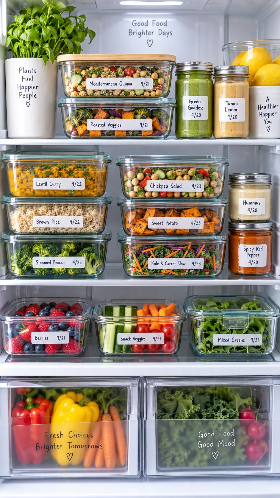 Healthy Vegetarian Meal Prep Ideas That Actually Keep You Full All Week 4 Organized refrigerator shelf with neatly stacked labeled glass meal prep containers of vegetarian food, small jars of sauces, date labels visible, clean modern fridge interior, bright even lighting