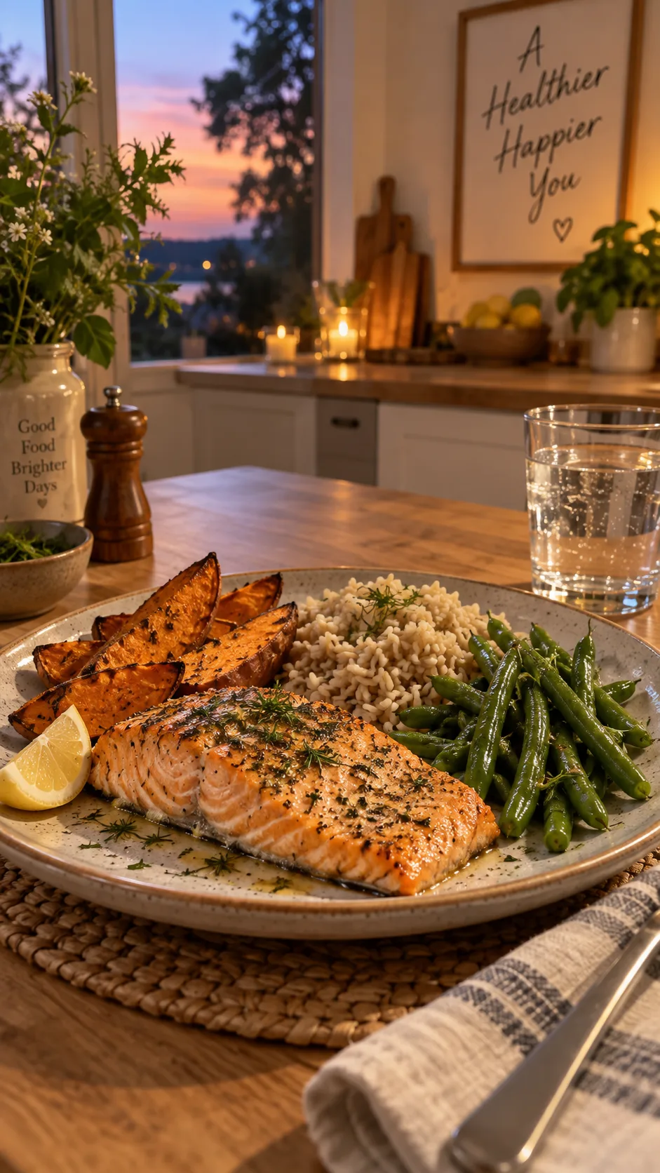 Warm lifestyle photograph of a home kitchen dinner: baked salmon fillet with herbs, roasted sweet potato wedges, steamed green beans and brown rice on a ceramic plate, glass of water, evening light through a window