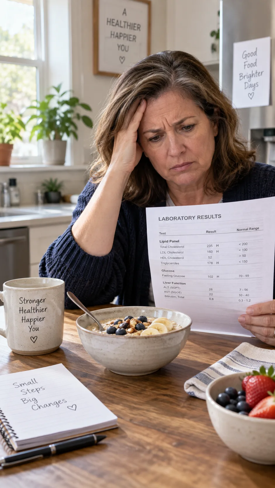 The High Cholesterol Diet Mistakes Keeping Your LDL Stubbornly High 1 A frustrated middle-aged person sitting at a kitchen table holding a lab results printout, bowl of oatmeal and fresh fruit in front of them, natural window light, realistic documentary photography style