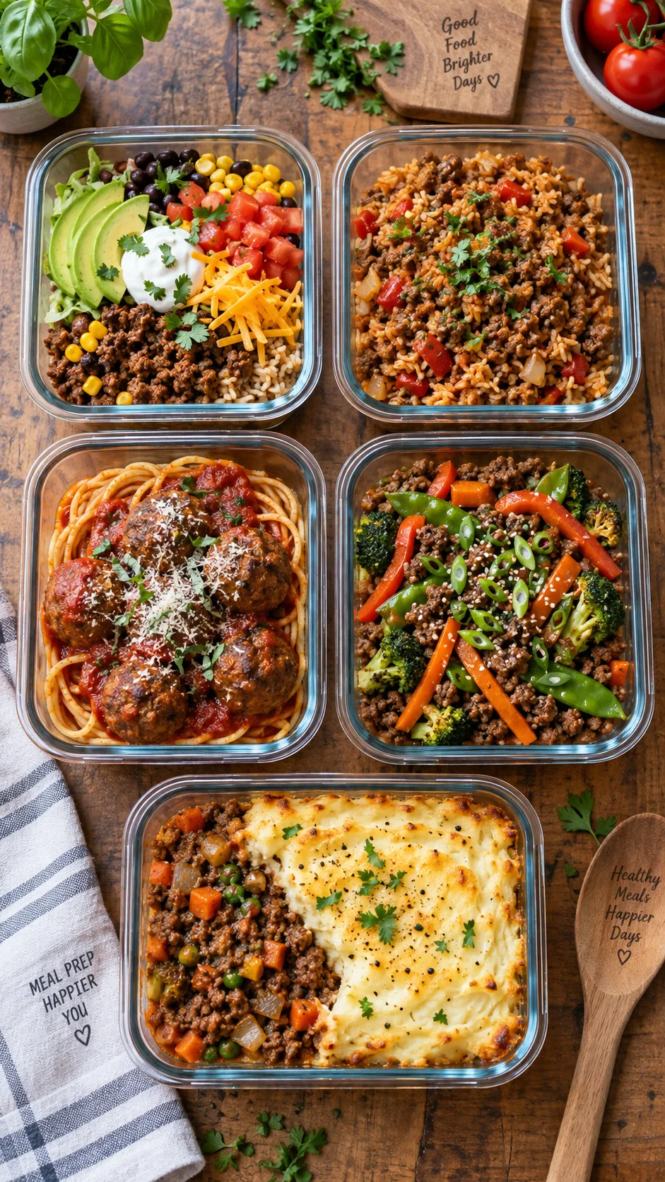 Ground Beef Meal Prep Recipes That Are High-Protein, Budget-Friendly & Actually Delicious 1 Overhead flat lay of five glass meal prep containers filled with different ground beef dishes - taco bowls, beef and rice, meatballs with pasta, beef stir fry, and cottage pie - on a rustic wooden kitchen counter, natural window light, vibrant colors, food photography