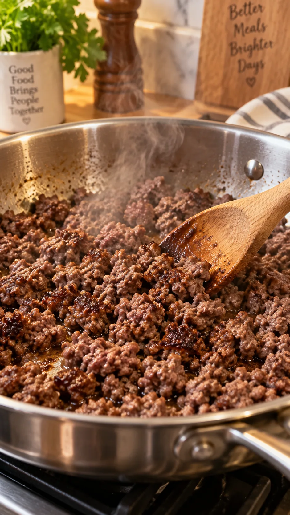Ground Beef Meal Prep Recipes That Are High-Protein, Budget-Friendly & Actually Delicious 2 Close-up of ground beef browning in a large stainless steel skillet, crumbly texture with deep brown crust developing, steam rising, wooden spoon stirring, warm kitchen lighting