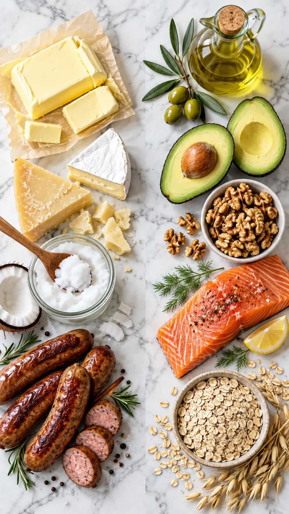 The High Cholesterol Diet Mistakes Keeping Your LDL Stubbornly High 2 Overhead flat lay comparison of two food groups on a white marble surface: left side butter, cheese wedges, coconut oil jar and sausages; right side olive oil, avocado, walnuts, salmon fillet and oats, bright natural lighting, editorial food photography