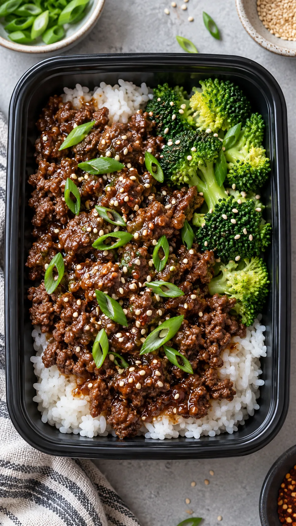 Ground Beef Meal Prep Recipes That Are High-Protein, Budget-Friendly & Actually Delicious 3 Korean style ground beef bowl in a black meal prep container with white rice, steamed broccoli, sesame seeds and sliced green onions, glossy sauce, overhead shot, natural light